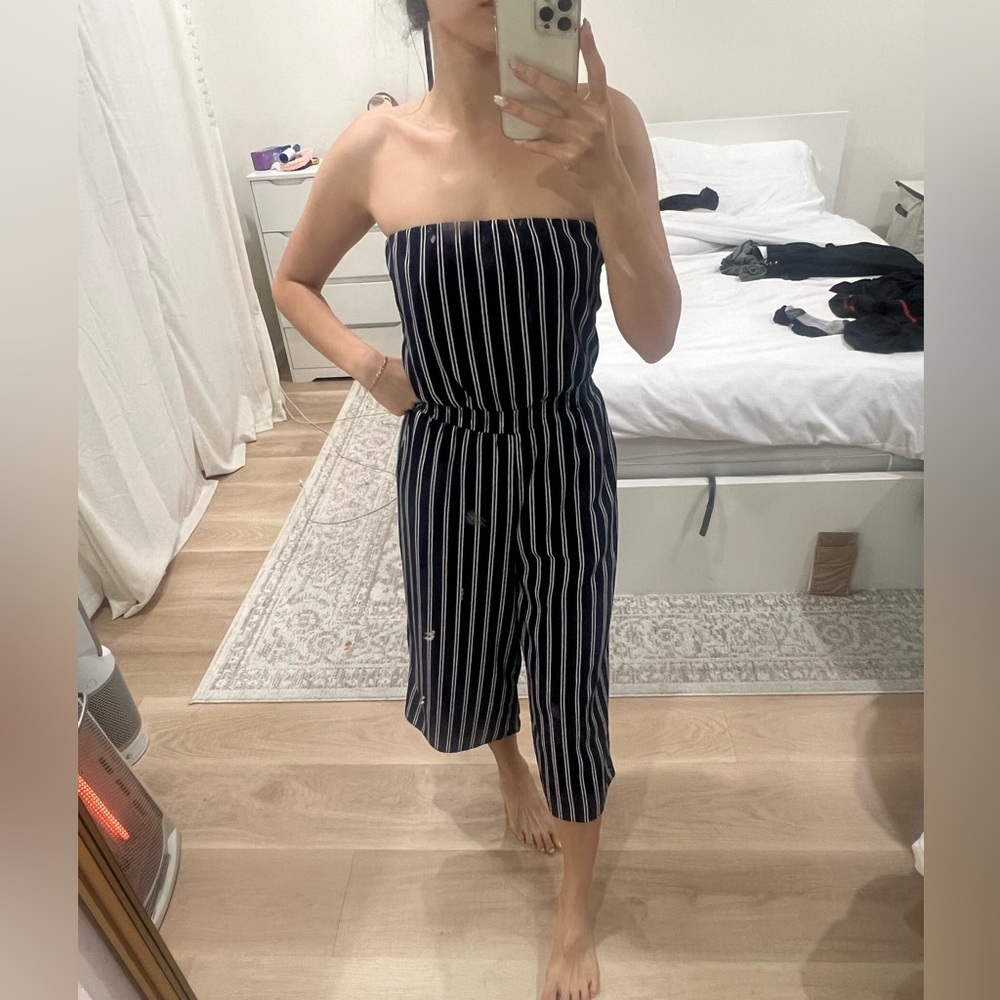 Lulu's Navy and White Strapless Jumpsuit